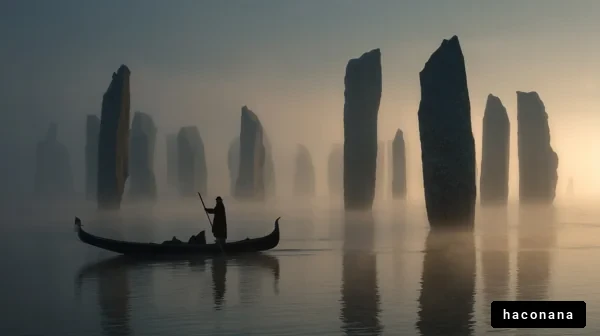 霧の中の舟と石柱