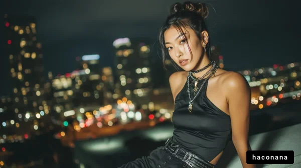 夜景を背景にしたファッション