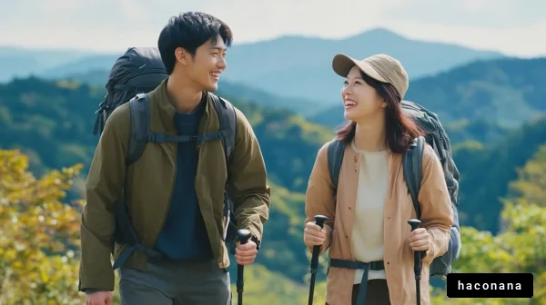 自然の中でのハイキングのカップル