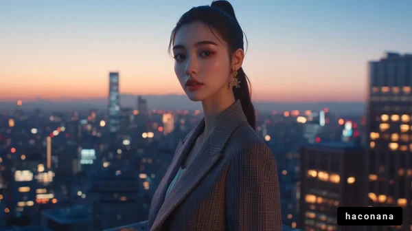 都市夜景と女性のポートレート