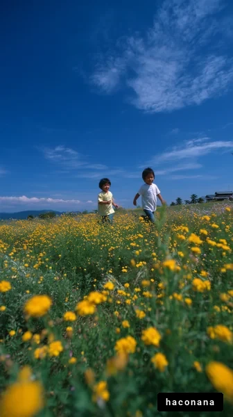 花畑を駆ける子どもたち