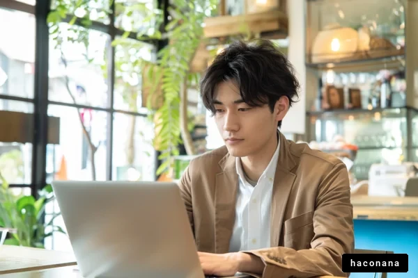 カフェで仕事をする男性