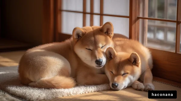 柴犬の親子の温もり
