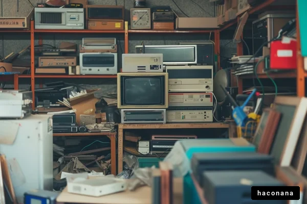 古い電子機器が並ぶ風景