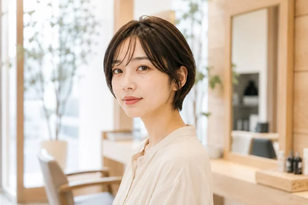 美容室でショートヘアの若い女性
