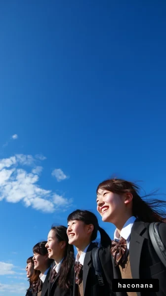 青空の下で微笑む学生たち