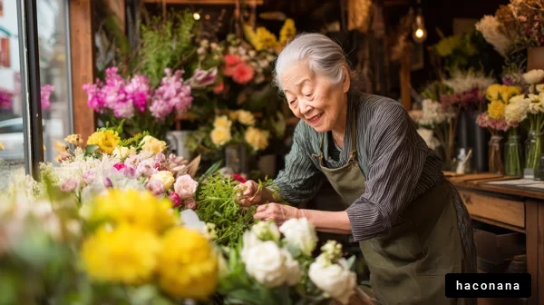 花に囲まれた笑顔の女性