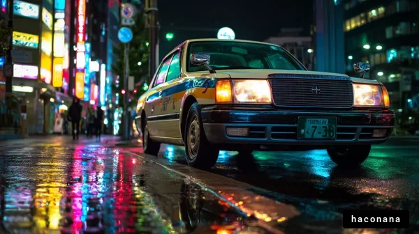 夜の街で光るタクシー