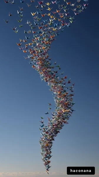 空に舞う色とりどりの折り紙