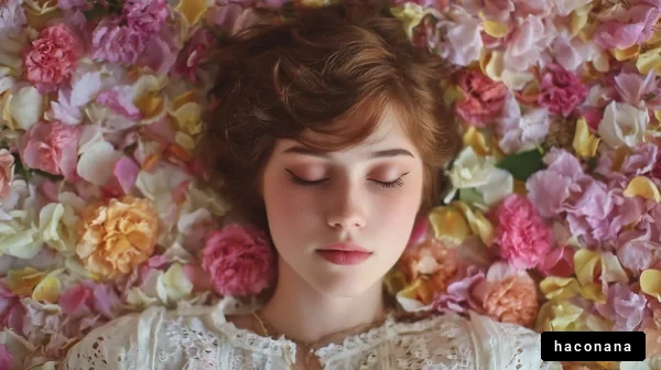 花びらに囲まれた女性