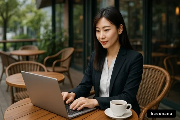 カフェで仕事をする女性