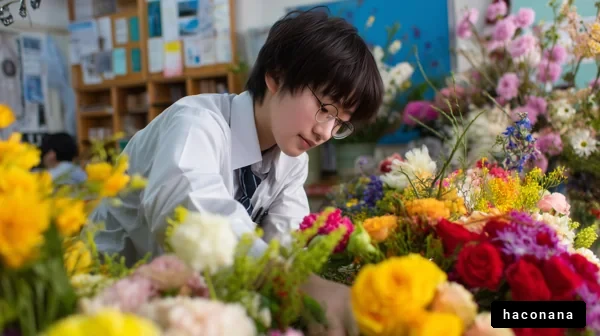 花を愛でる学生の姿
