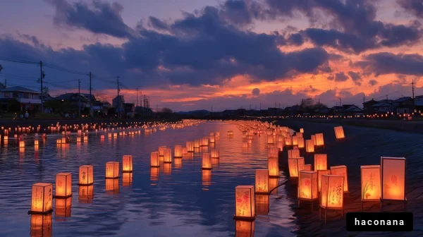 夕暮れの灯籠で彩る川