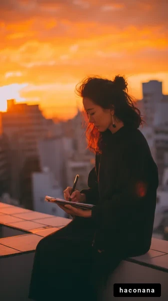 夕焼け空の中で書く女性