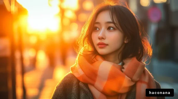 夕暮れの街での女性