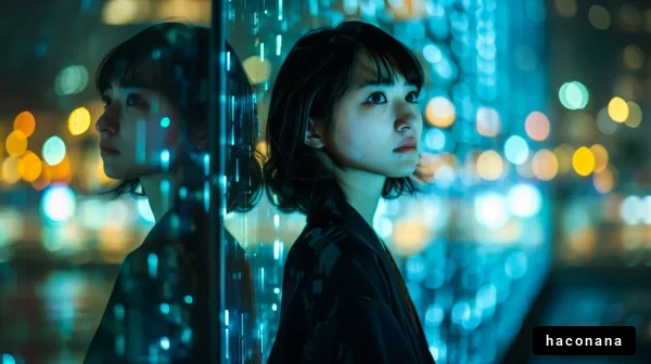 都市の夜景を背景にした女性