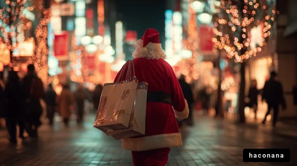 クリスマスの通りを歩くサンタ