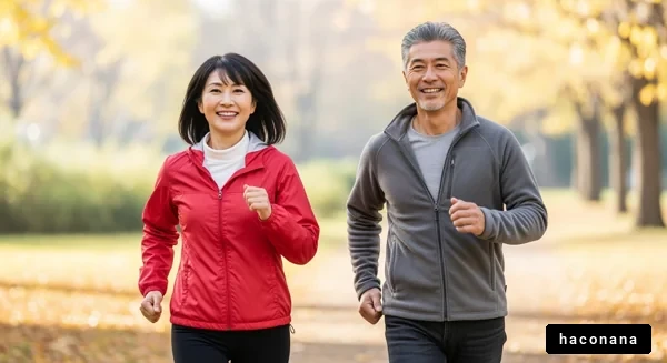 秋の公園でジョギングする夫婦