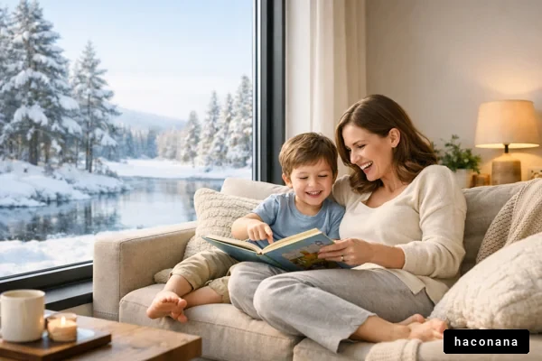 冬の窓辺で絵本を読む親子