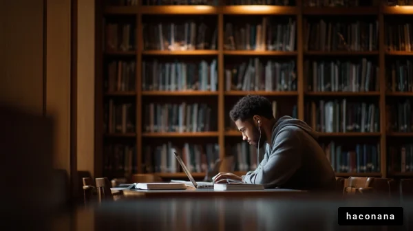 図書館で勉強する青年