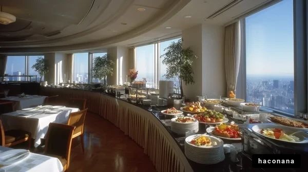 高層ビルの朝食ビュッフェ