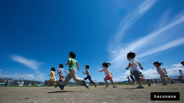 青空の下で走る子供たち