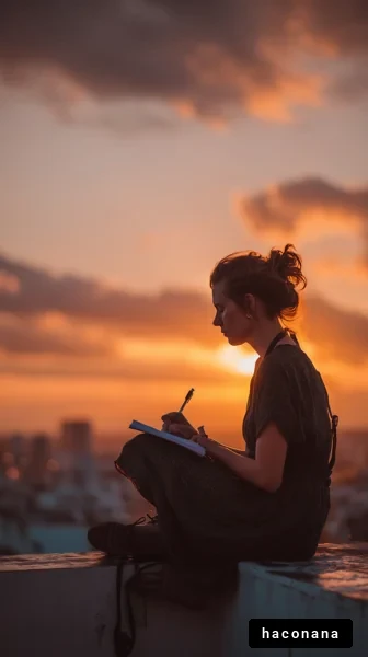 夕焼けを見ながら記す少女