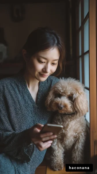 スマホを持つ女性と犬