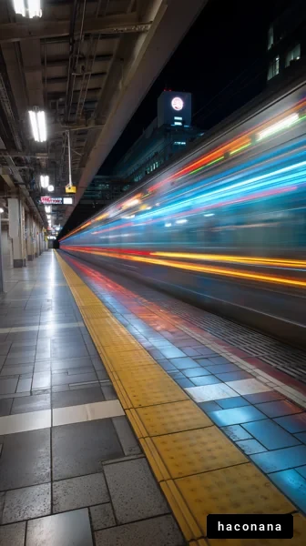 夜の駅と列車の光