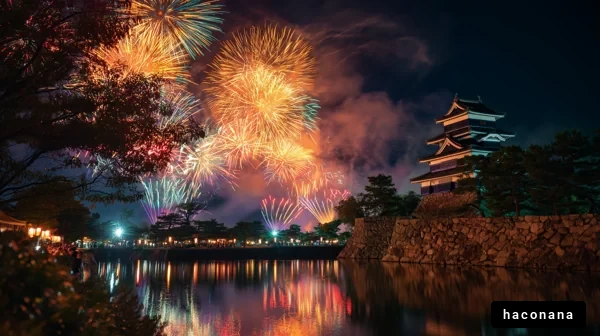 夜空を彩る花火とお城