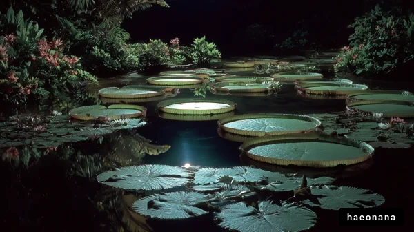 夜の水辺に浮かぶ睡蓮