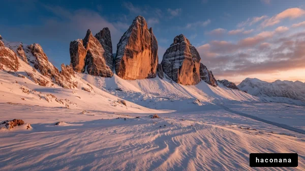 雪山に映える壮大な岩山
