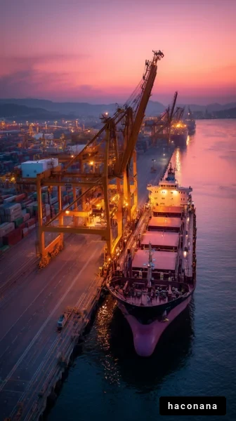 港の夕暮れと船舶