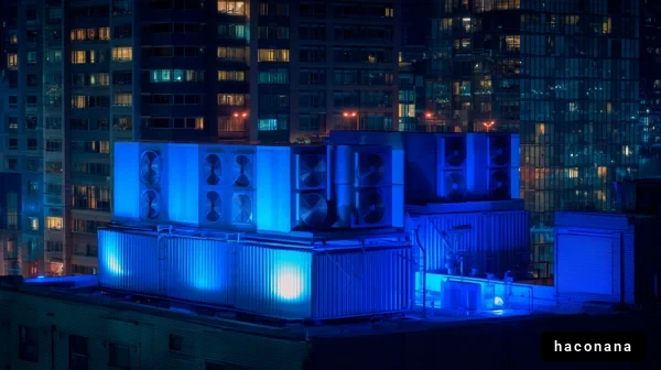 夜の都市と冷却装置