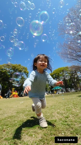 公園で遊ぶ子供とシャボン玉