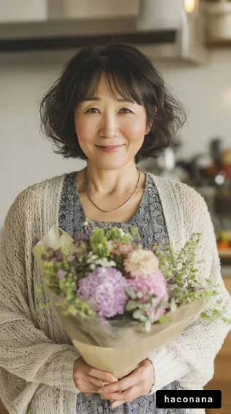 花束を持つ女性の笑顔