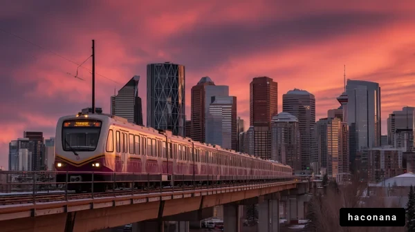 夕焼けに映える都市の電車