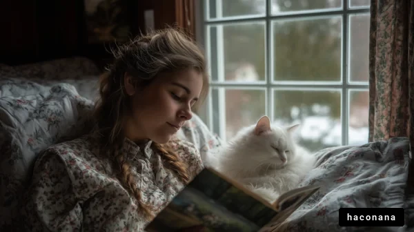 窓辺で読書する少女と猫