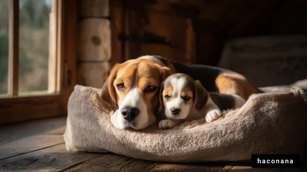 ビーバー犬と子犬のふれあい