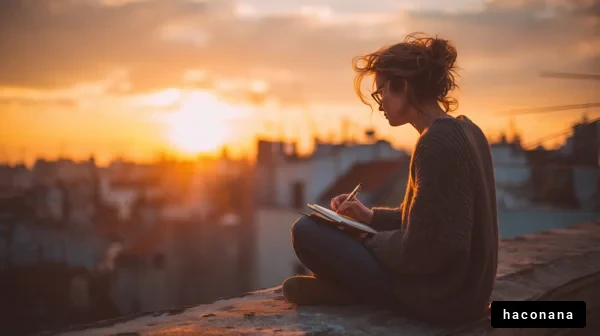 夕焼けとともに思索する女性