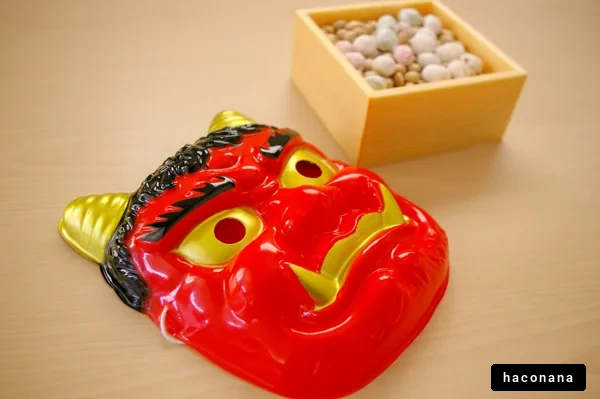 赤い鬼のお面と豆