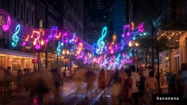 夜の街の賑わいと音楽
