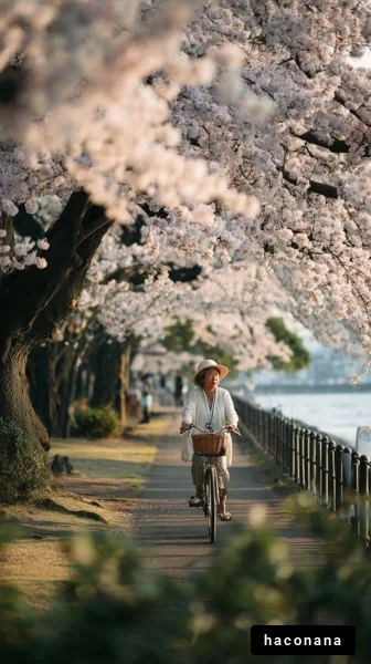 桜並木を自転車で走る女性