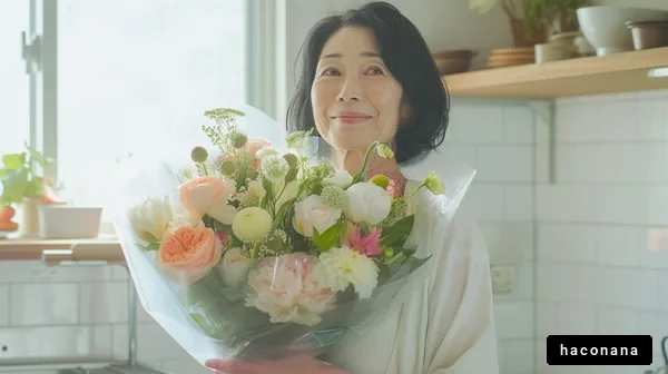 花束を持つ女性の笑顔