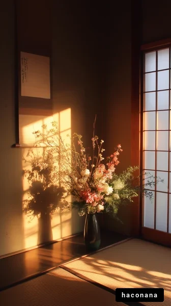 温かい光の室内と花