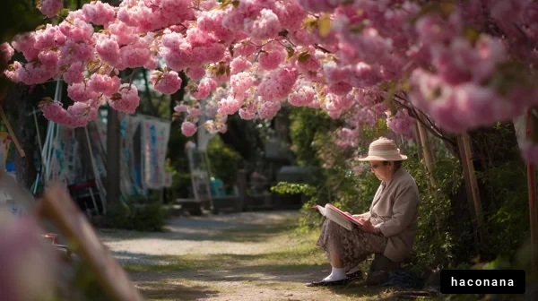 春の桜の下で読書する女性