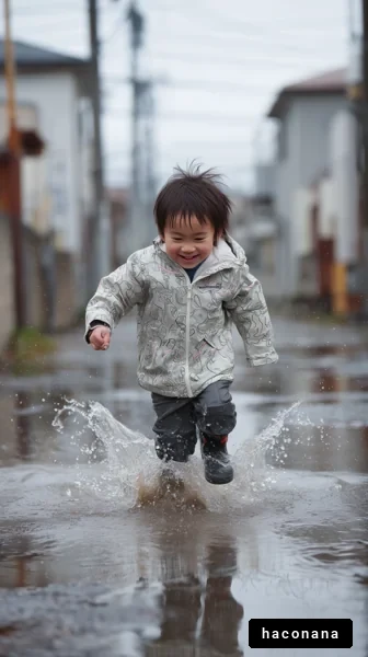 雨の日に遊ぶ子供