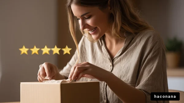 梱包を開ける女性の笑顔