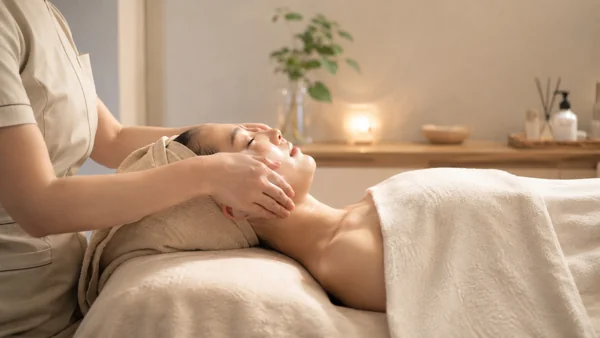エステサロンでフェイシャルマッサージを受ける女性