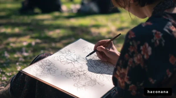 公園で描く花のスケッチ